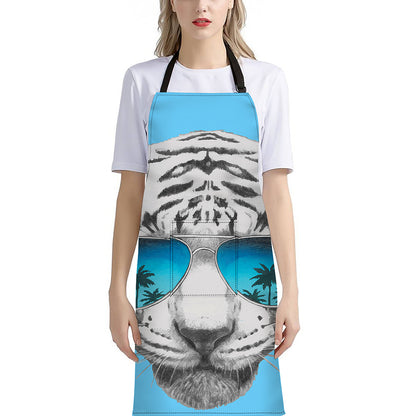 White Tiger With Sunglasses Print Bib Apron With Pocket