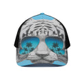 White Tiger With Sunglasses Print Black Mesh Trucker Hat
