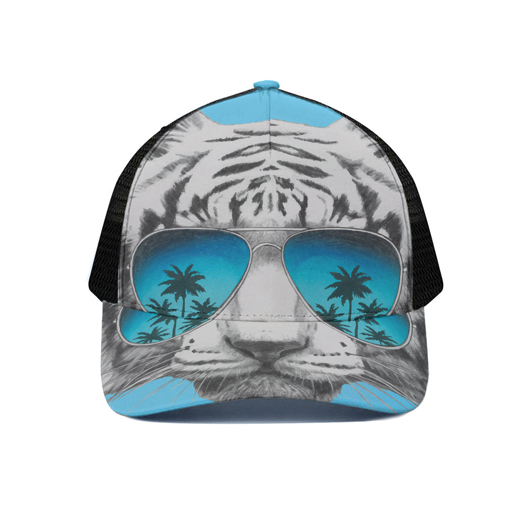 White Tiger With Sunglasses Print Black Mesh Trucker Cap