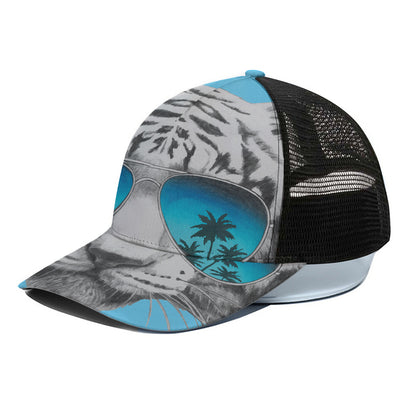 White Tiger With Sunglasses Print Black Mesh Trucker Cap
