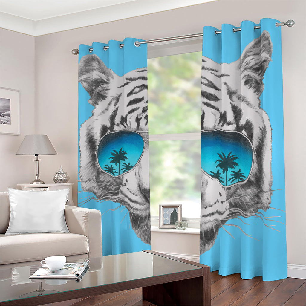 White Tiger With Sunglasses Print Blackout Grommet Curtains