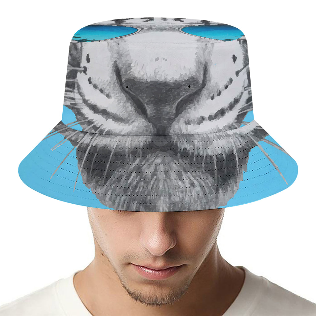 White Tiger With Sunglasses Print Bucket Hat