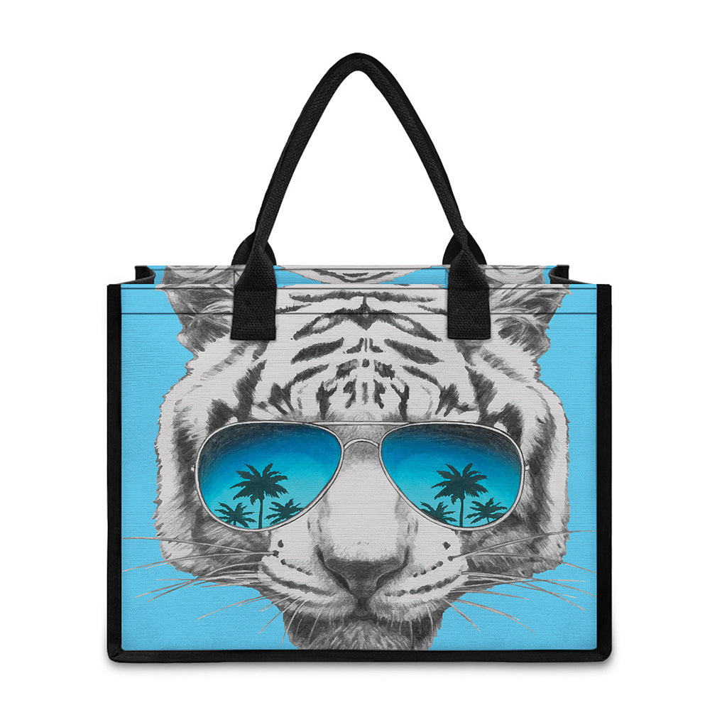 White Tiger With Sunglasses Print Canvas Tote Bag