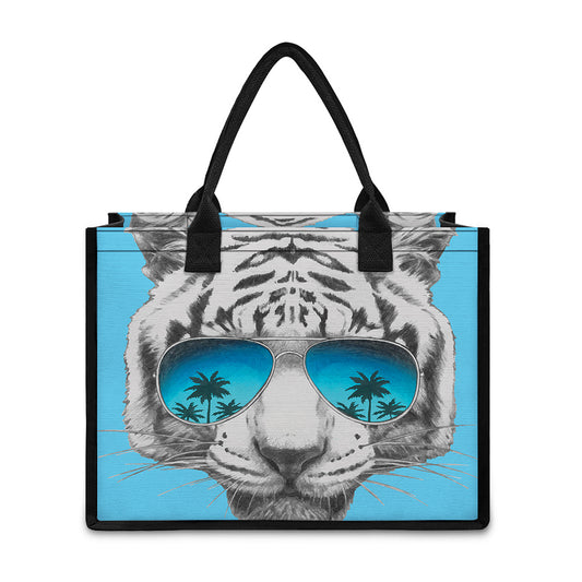 White Tiger With Sunglasses Print Canvas Tote Bag