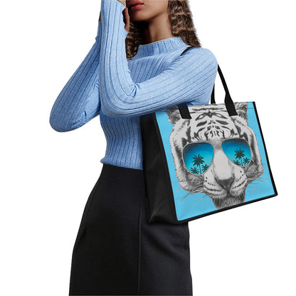 White Tiger With Sunglasses Print Canvas Tote Bag
