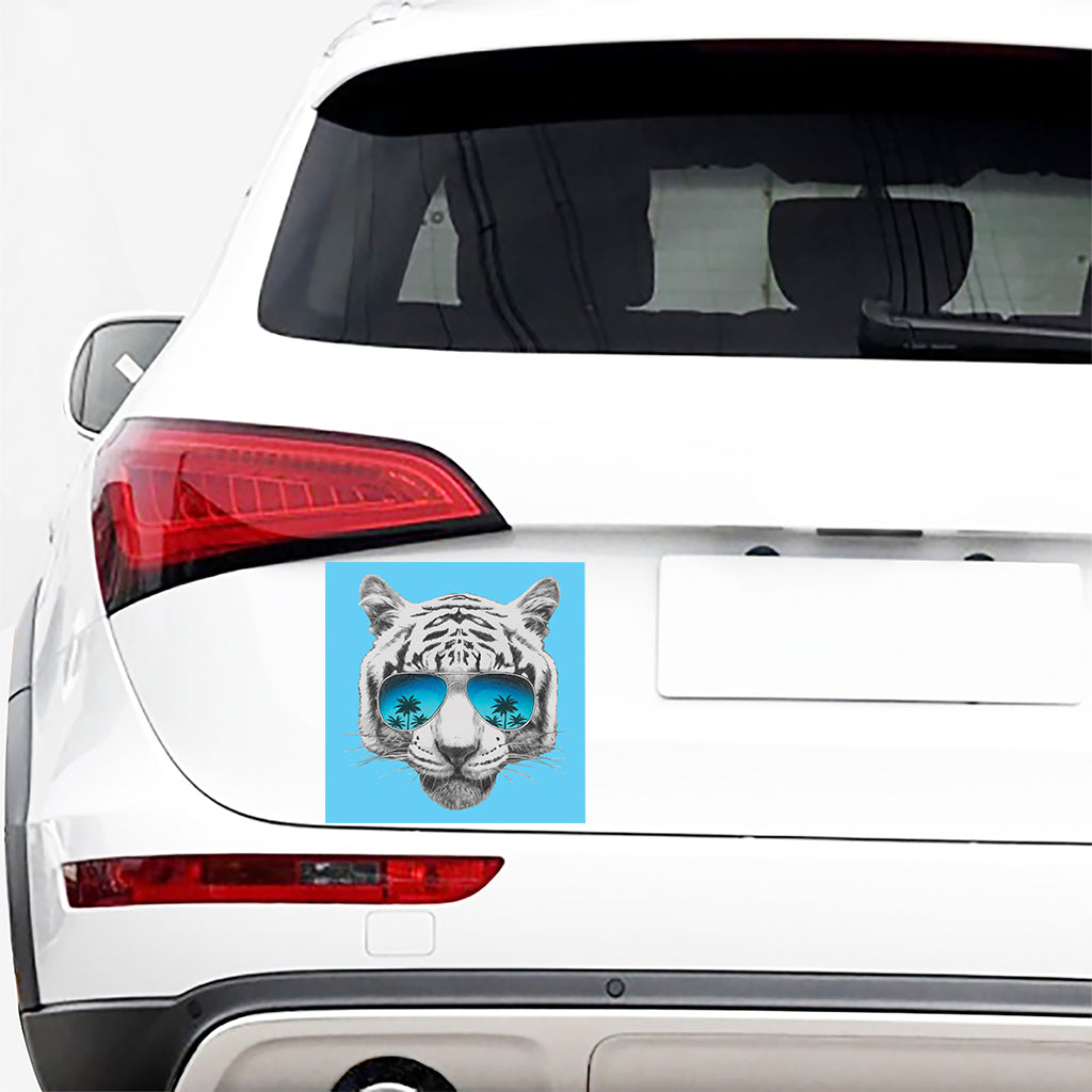 White Tiger With Sunglasses Print Car Sticker