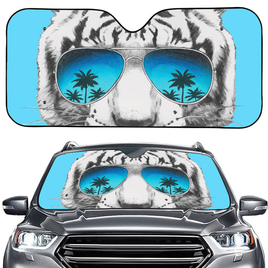 White Tiger With Sunglasses Print Car Windshield Sun Shade