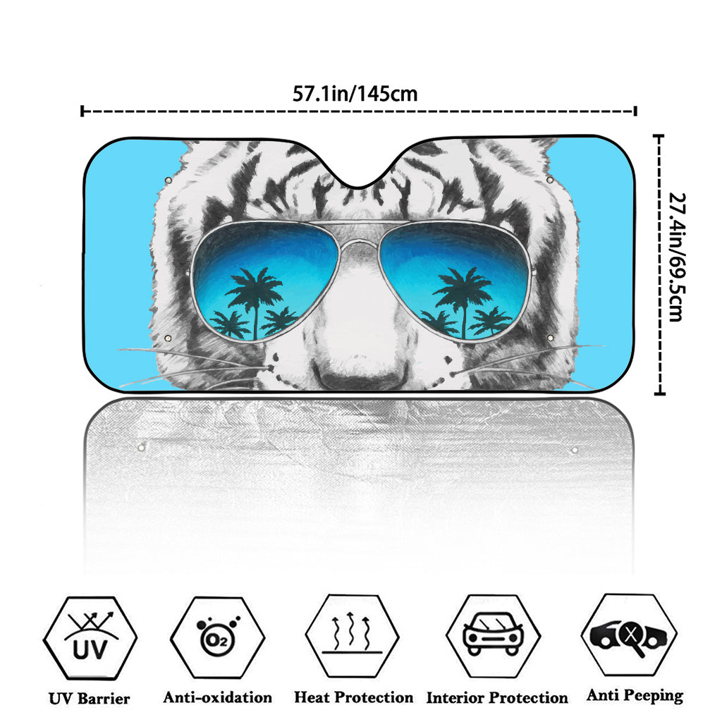 White Tiger With Sunglasses Print Car Windshield Sun Shade