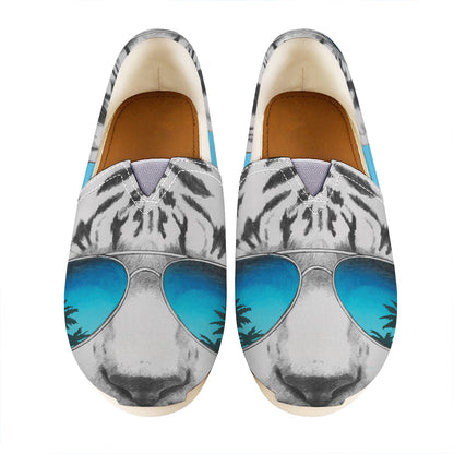 White Tiger With Sunglasses Print Casual Shoes