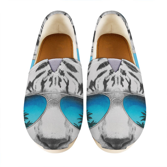 White Tiger With Sunglasses Print Casual Shoes