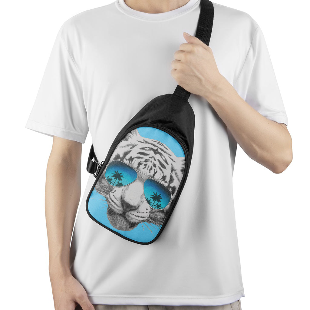 White Tiger With Sunglasses Print Chest Bag