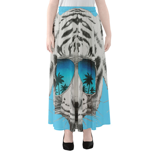 White Tiger With Sunglasses Print Chiffon Maxi Skirt