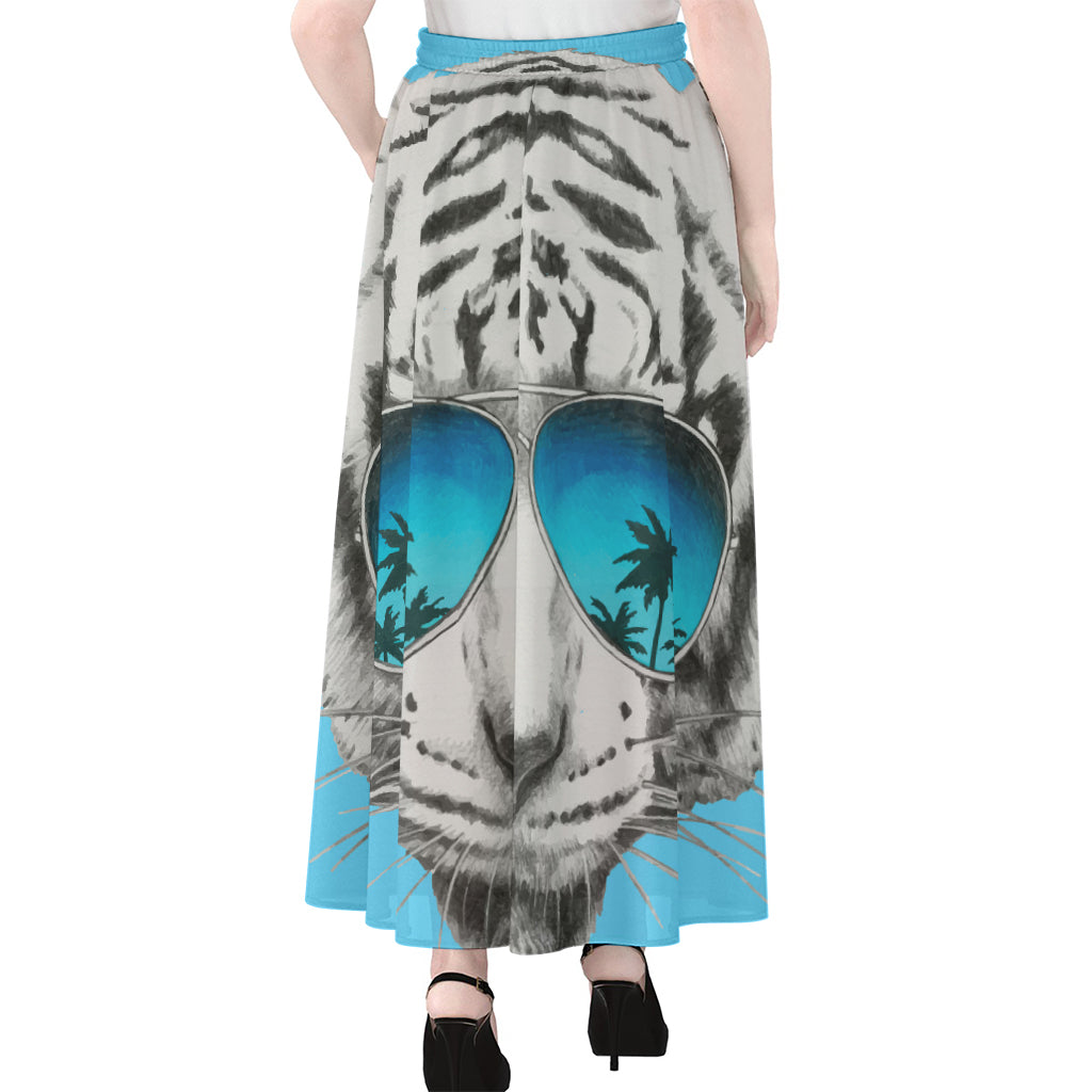 White Tiger With Sunglasses Print Chiffon Maxi Skirt