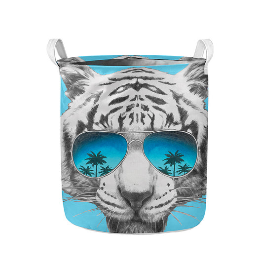 White Tiger With Sunglasses Print Collapsible Laundry Basket