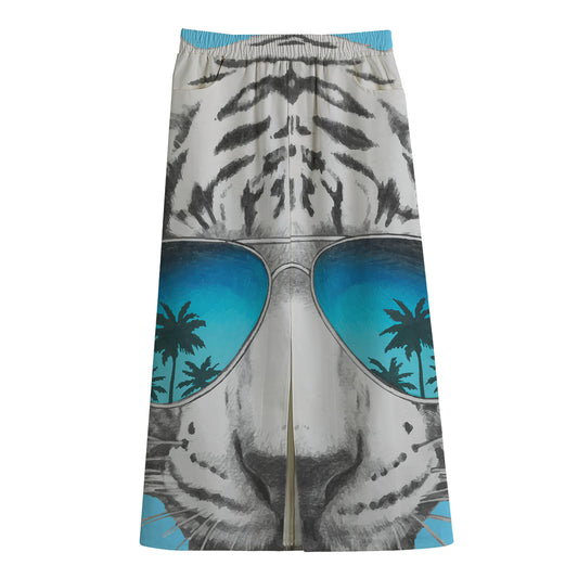 White Tiger With Sunglasses Print Cotton Front Slit Maxi Skirt