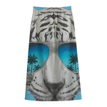 White Tiger With Sunglasses Print Cotton Front Slit Maxi Skirt