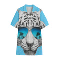 White Tiger With Sunglasses Print Cotton Hawaiian Shirt
