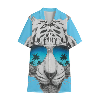 White Tiger With Sunglasses Print Cotton Hawaiian Shirt