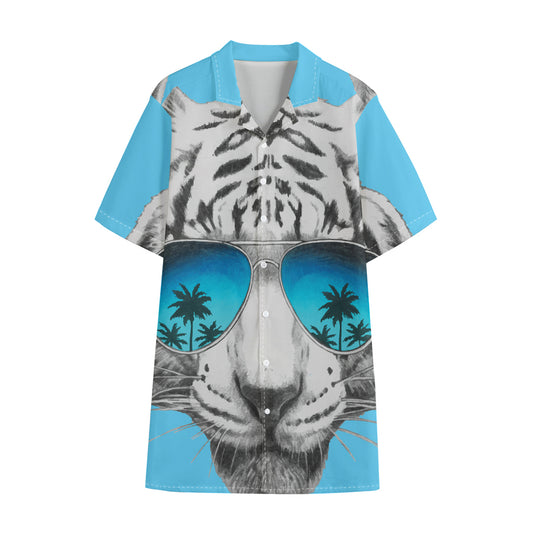 White Tiger With Sunglasses Print Cotton Hawaiian Shirt