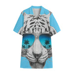 White Tiger With Sunglasses Print Cotton Hawaiian Shirt