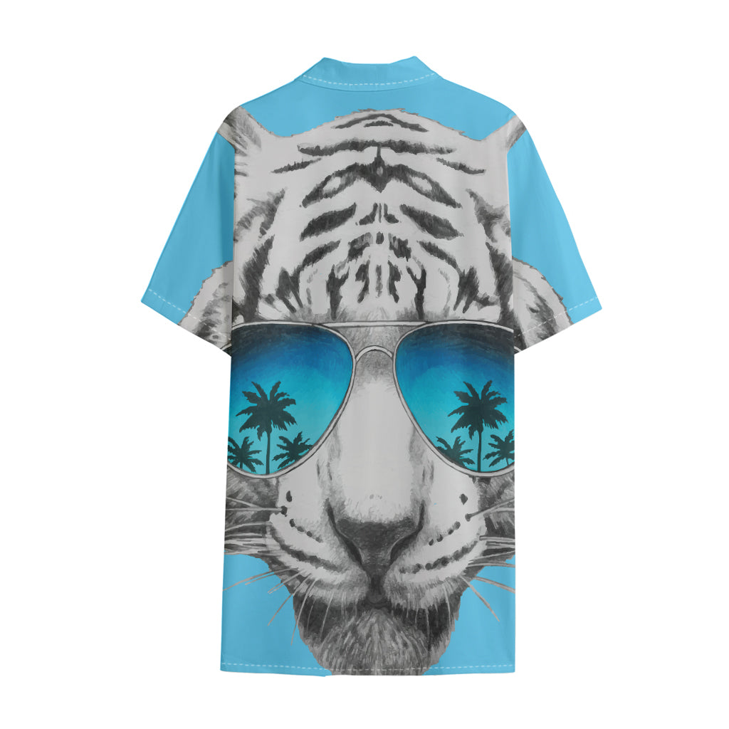 White Tiger With Sunglasses Print Cotton Hawaiian Shirt