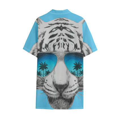 White Tiger With Sunglasses Print Cotton Hawaiian Shirt