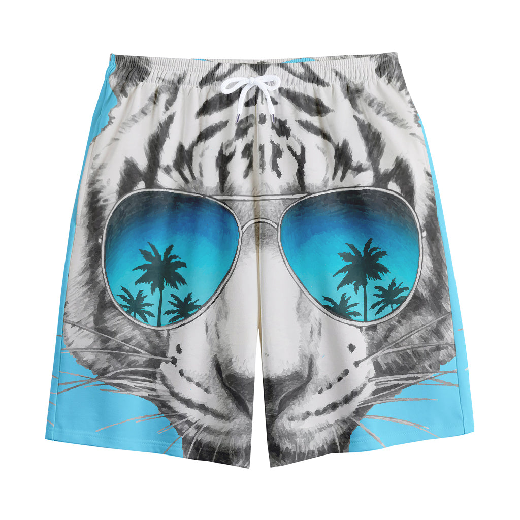 White Tiger With Sunglasses Print Cotton Shorts