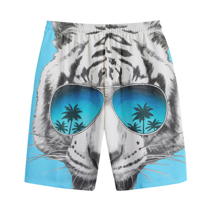 White Tiger With Sunglasses Print Cotton Shorts