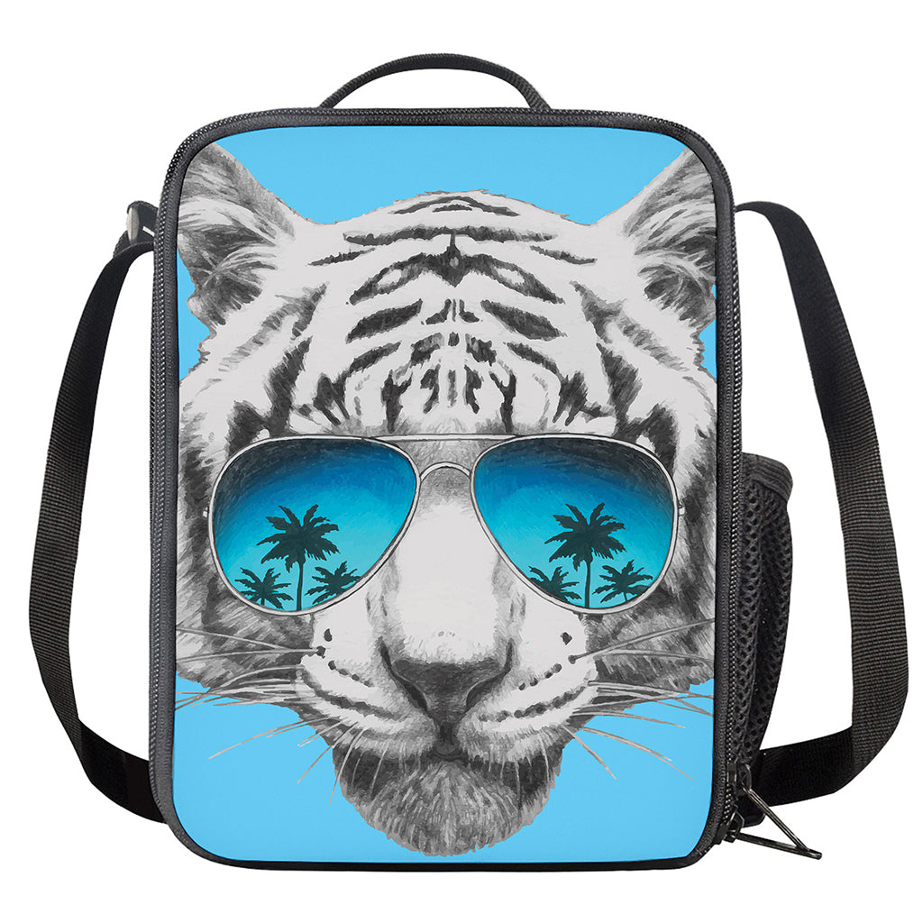 White Tiger With Sunglasses Print Crossbody Lunch Bag
