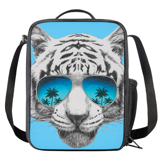 White Tiger With Sunglasses Print Crossbody Lunch Bag