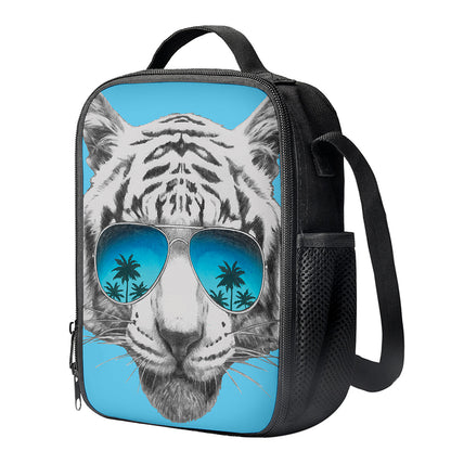 White Tiger With Sunglasses Print Crossbody Lunch Bag