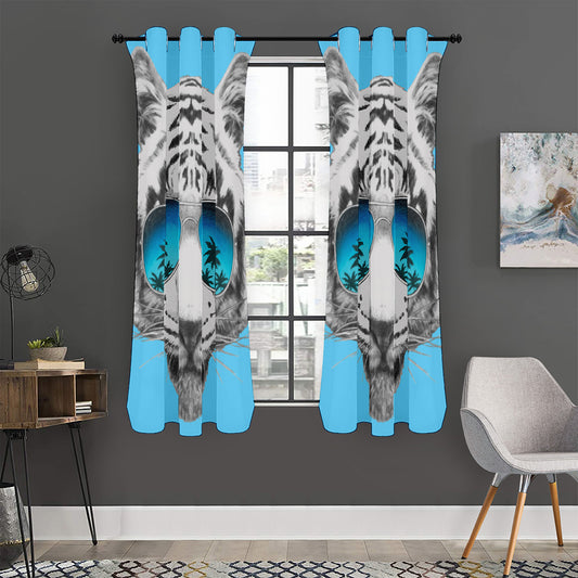 White Tiger With Sunglasses Print Curtain