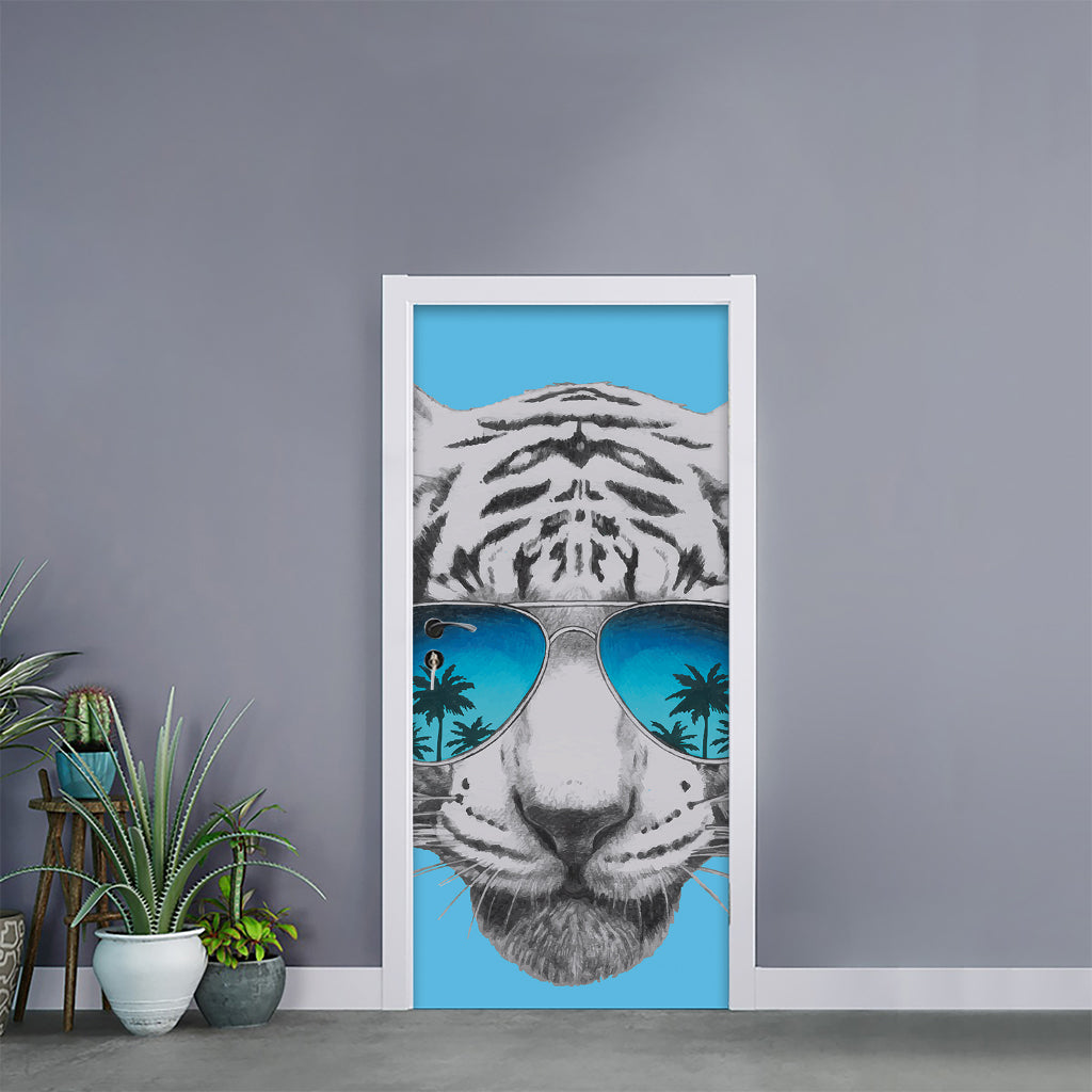 White Tiger With Sunglasses Print Door Sticker