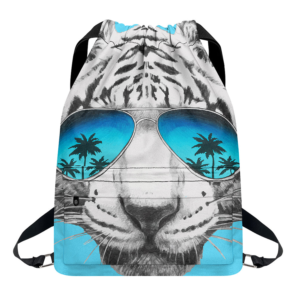 White Tiger With Sunglasses Print Drawstring Backpack