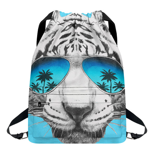 White Tiger With Sunglasses Print Drawstring Backpack