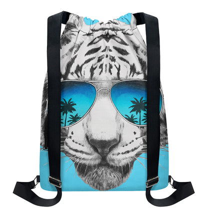 White Tiger With Sunglasses Print Drawstring Backpack
