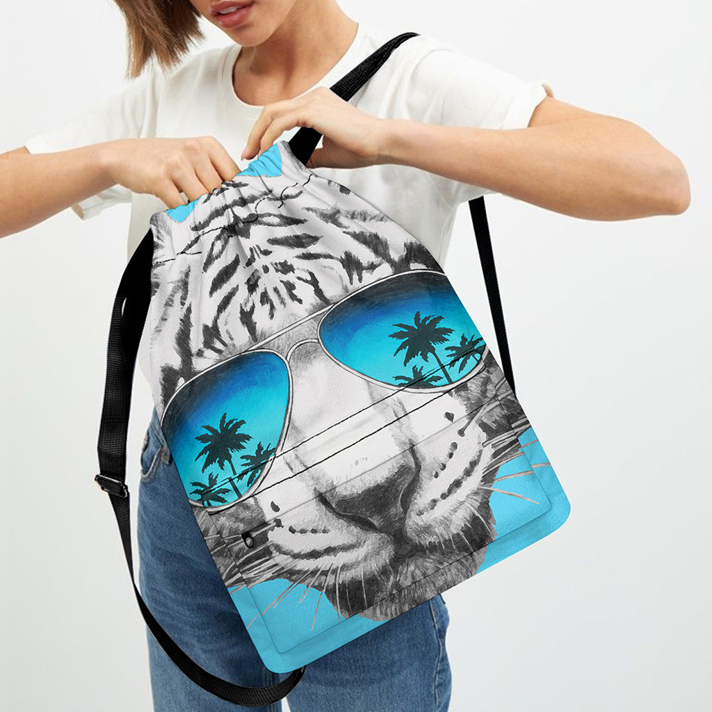 White Tiger With Sunglasses Print Drawstring Backpack