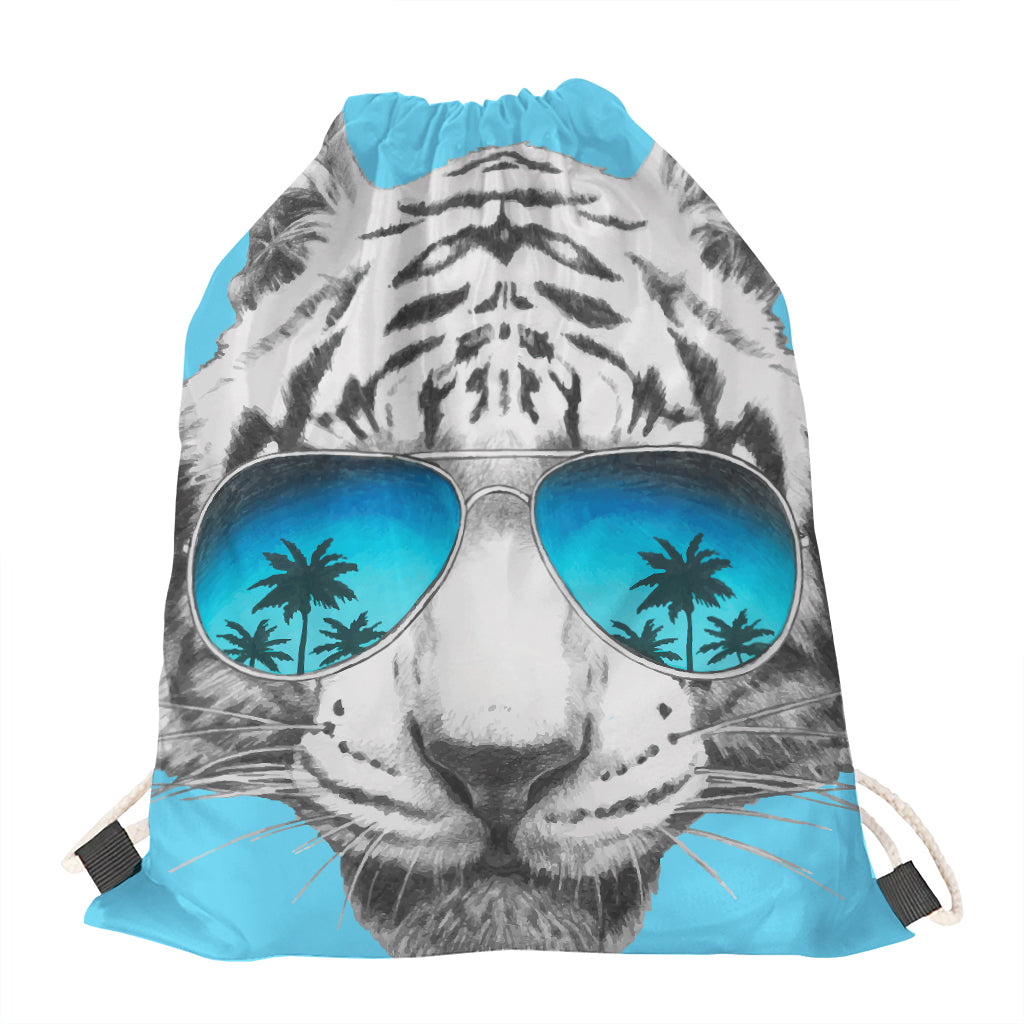 White Tiger With Sunglasses Print Drawstring Bag