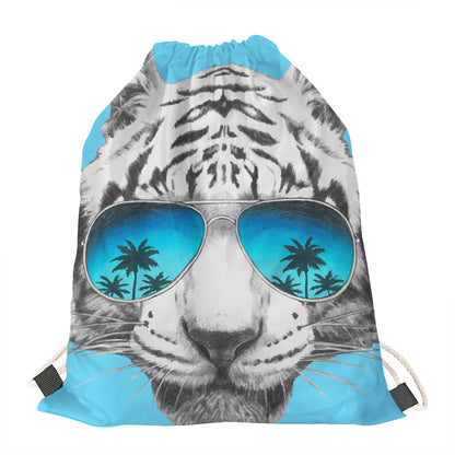 White Tiger With Sunglasses Print Drawstring Bag