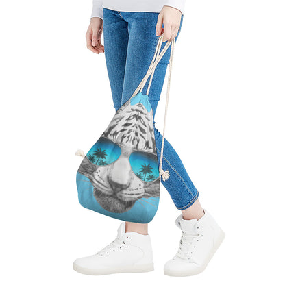 White Tiger With Sunglasses Print Drawstring Bag