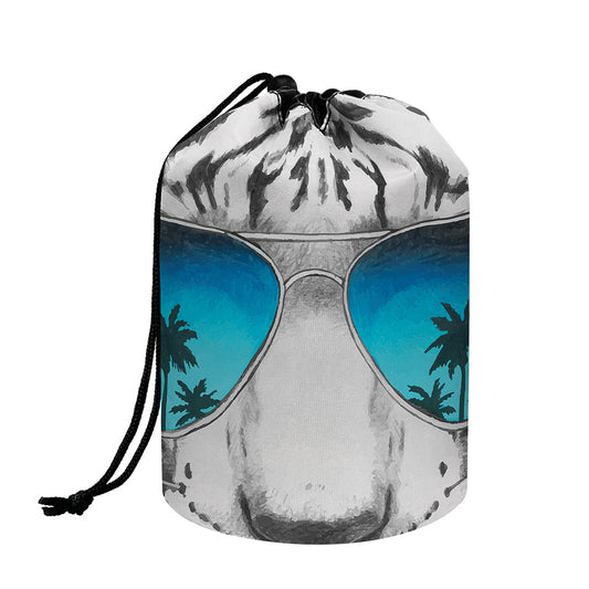 White Tiger With Sunglasses Print Drawstring Makeup Bag