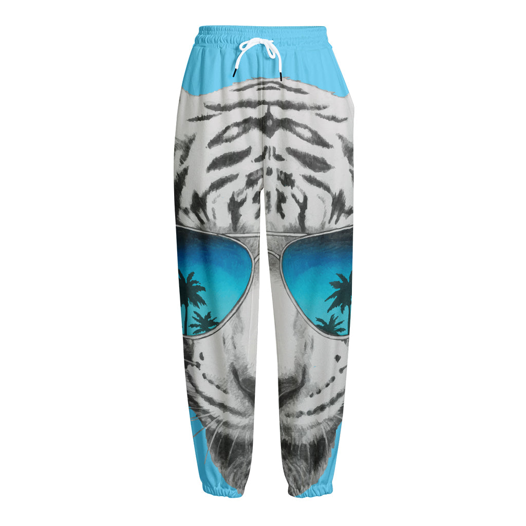 White Tiger With Sunglasses Print Fleece Lined Knit Pants