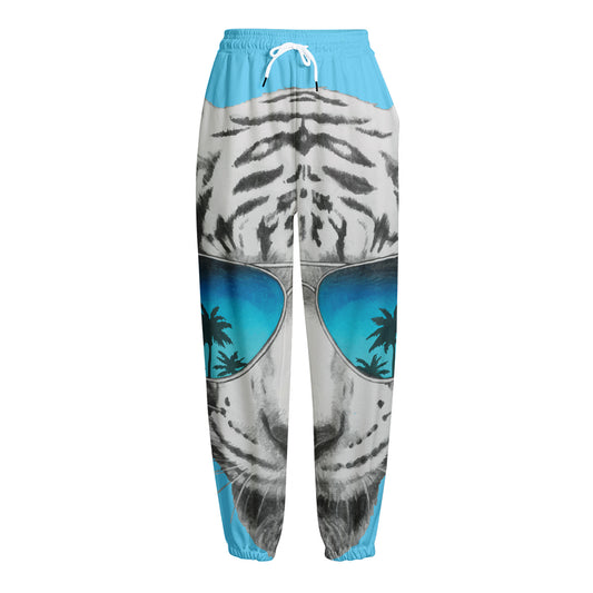 White Tiger With Sunglasses Print Fleece Lined Knit Pants