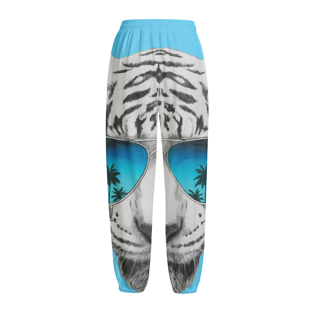 White Tiger With Sunglasses Print Fleece Lined Knit Pants