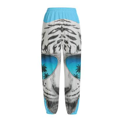White Tiger With Sunglasses Print Fleece Lined Knit Pants