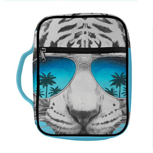 White Tiger With Sunglasses Print Front Pocket Bible Bag