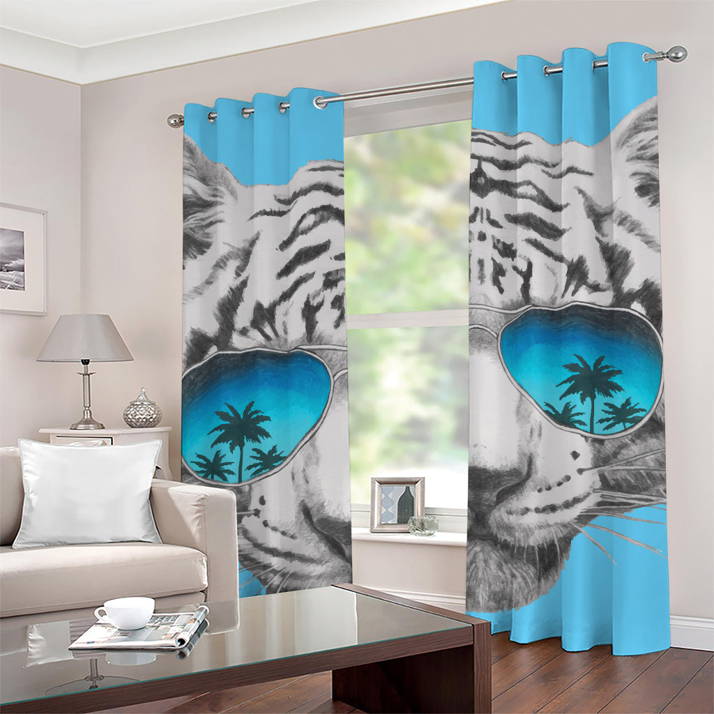 White Tiger With Sunglasses Print Grommet Curtains