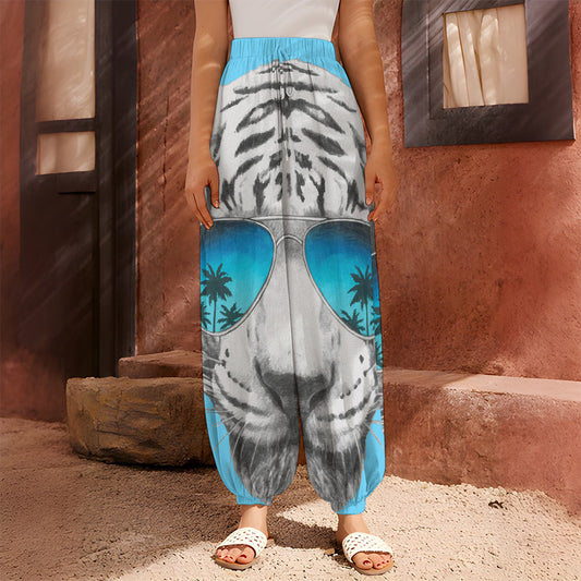 White Tiger With Sunglasses Print Harem Pants