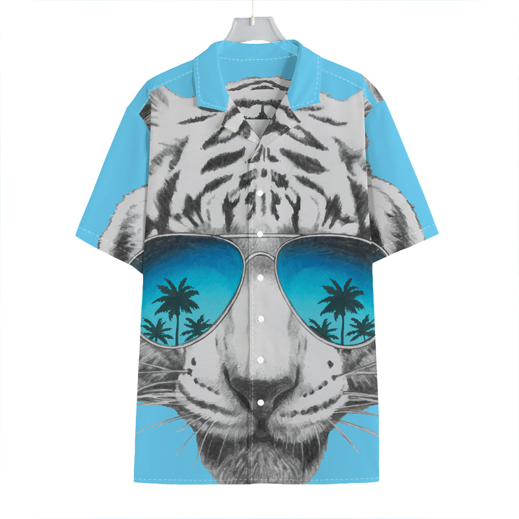 White Tiger With Sunglasses Print Hawaiian Shirt