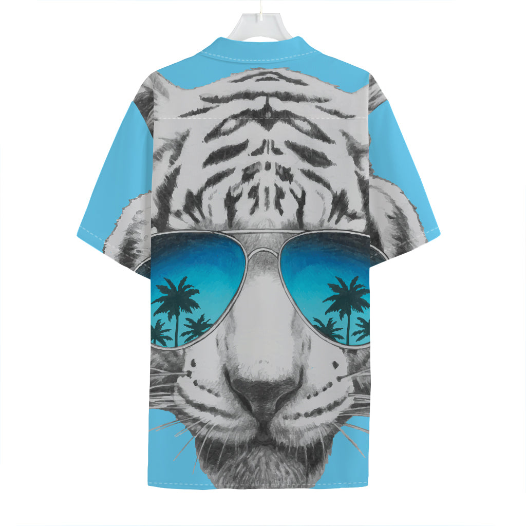 White Tiger With Sunglasses Print Hawaiian Shirt